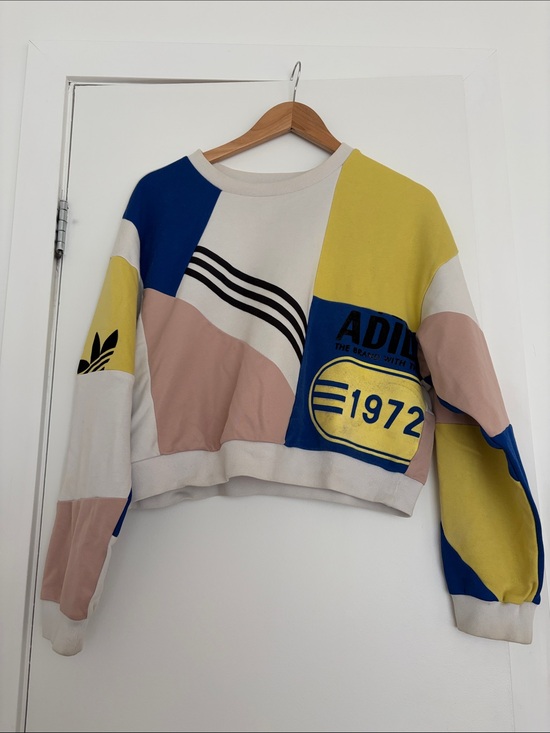 adidas Tops - adidas Patchwork Crop Crewneck Sweatshirt in Yellow, Blue, Pink, White
